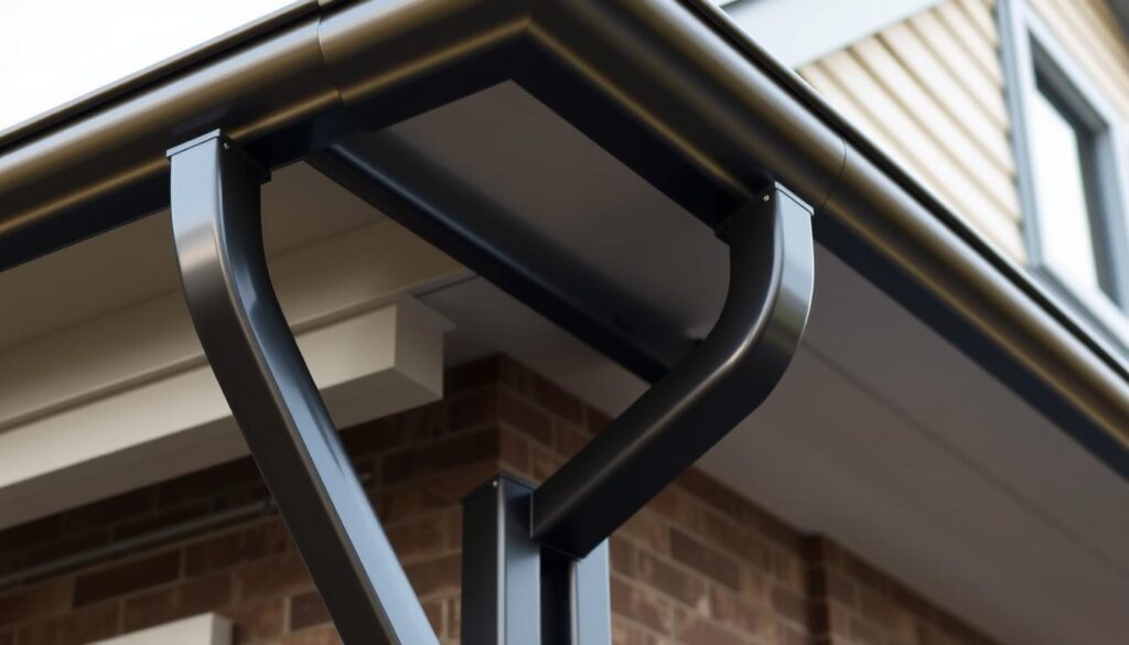 A detailed, highly realistic architectural view of a residential home's exterior, showcasing an intricate system of gutters running along the roofline. The gutters are made of a sleek, dark metal material, seamlessly integrated into the home's design. The lighting is natural, with soft, diffused shadows highlighting the form and texture of the gutters. The angle is from a slightly elevated perspective, allowing the viewer to appreciate the carefully engineered drainage components that protect the structural integrity of the building. The overall scene conveys a sense of durability, functionality, and thoughtful craftsmanship.