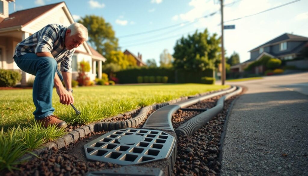 A detailed illustration of property drainage responsibilities in Victoria, showcasing a well-maintained residential landscape. In the foreground, a homeowner inspects a drainage grate, ensuring proper flow of stormwater. The middle ground depicts a neatly landscaped yard with strategically placed drainage pipes leading to the street. In the background, a clear sky and lush greenery create a calming, natural atmosphere. The scene is lit by warm, natural sunlight, illuminating the various drainage elements. Captured with a wide-angle lens, the image conveys the importance of responsible stormwater management on private properties.
