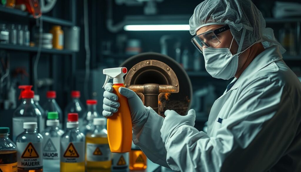 A detailed laboratory setup with various chemical containers, hazard symbols, and scientific equipment, capturing the potential health hazards of drain cleaners. The foreground showcases a person wearing protective gear, handling a drain cleaner bottle, with a concerned expression on their face. The middle ground features a cross-section of a drain pipe, highlighting the corrosive impact of harsh chemicals. The background depicts a dimly lit, ominous laboratory setting, emphasizing the gravity of the situation. Dramatic lighting, a shallow depth of field, and a muted color palette convey the serious and cautionary tone of the image.