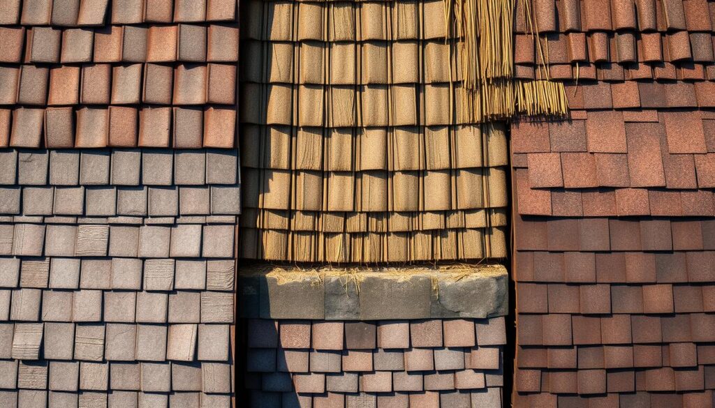 A detailed overhead view of a range of traditional roofing materials, each with a distinct profile, arranged in a harmonious composition. The materials include slate tiles, ceramic pantiles, thatch, and composite shingles, all presented against a muted backdrop that emphasizes their textural and chromatic qualities. Warm, diffused lighting casts gentle shadows, accentuating the depth and dimensionality of the roofing profiles. The image conveys a sense of heritage, craftsmanship, and the importance of preserving the visual integrity of historic roofscapes.