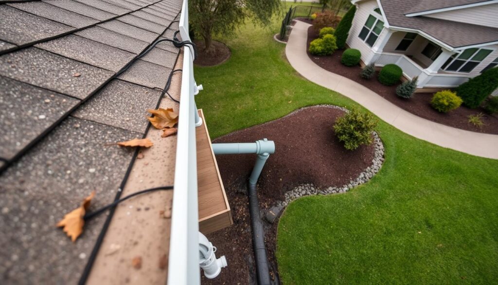 A detailed overhead view of a residential drainage system, showcasing a well-maintained gutter, downspout, and underground pipes transporting water away from the home. The foreground features a close-up of the gutter, with leaves and debris cleared, leading into a downspout that seamlessly connects to a partially exposed drainage pipe. The middle ground presents a manicured lawn and surrounding landscaping, while the background reveals the roofline and exterior of a traditional suburban house. The scene is bathed in soft, natural lighting, with a slight overcast hue to convey the sense of a seasonal rainstorm preparation. The overall mood is one of orderliness, efficiency, and proactive homeowner maintenance.