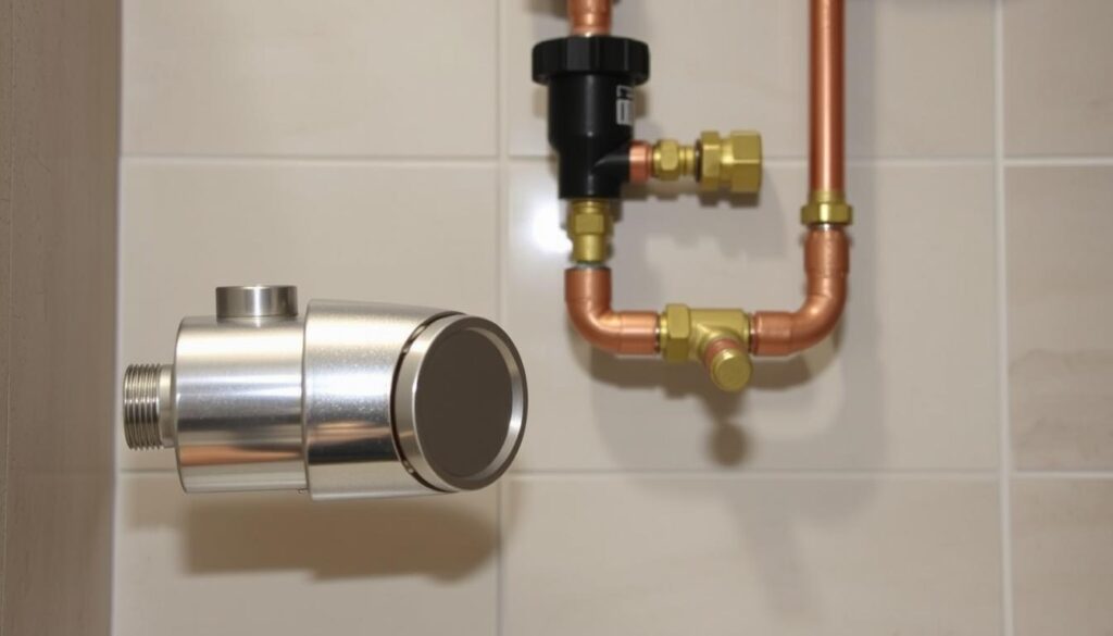 A detailed, technical image of a pump installation for a basic hot water recirculation setup. The foreground shows a compact residential water circulator pump, its stainless steel housing gleaming under bright, directional lighting. The middle ground reveals the plumbing connections - copper pipes, elbows, and isolation valves - all neatly organized. In the background, a tiled or concrete wall provides a clean, uniform backdrop, emphasizing the precision of the installation. The overall scene conveys a sense of functionality, quality, and attention to detail, reflecting the careful process of setting up an efficient hot water recirculation system.