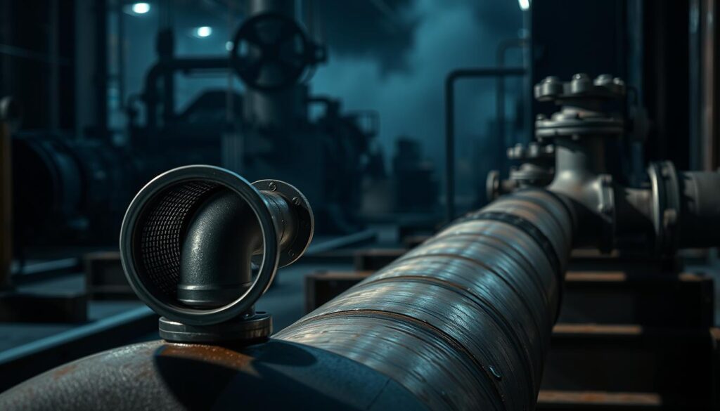 A detailed, technical pipeline segment set against a dimly lit industrial backdrop. The foreground features a prominent Y-shaped strainer, its metal mesh filtering out debris and contaminants. The middle ground showcases the pipeline, running diagonally through the frame with valves and flanges visible. The background is hazy, with the faint outline of machinery and support structures, conveying a sense of scale and industrial context. Harsh, directional lighting casts dramatic shadows, emphasizing the rugged, functional nature of the scene. The composition is balanced, with the strainer occupying a central position and the pipeline leading the eye through the frame. An overall mood of precision, efficiency and utility prevails.