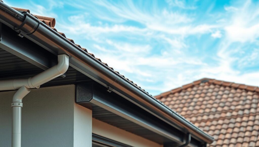 A detailed, well-lit shot of a modern residential roof showcasing the drainage system. In the foreground, a network of gutters, downspouts, and drain pipes neatly arranged to channel rainwater away from the building. The middle ground features the roofing materials, tiles, or shingles, with their intricate textures and patterns. In the background, a clear blue sky with wispy clouds, conveying a sense of calm and functionality. The lighting is soft and evenly distributed, highlighting the efficient drainage design and the quality of the roofing workmanship. The perspective is slightly elevated, allowing for a comprehensive view of the roof's drainage features.