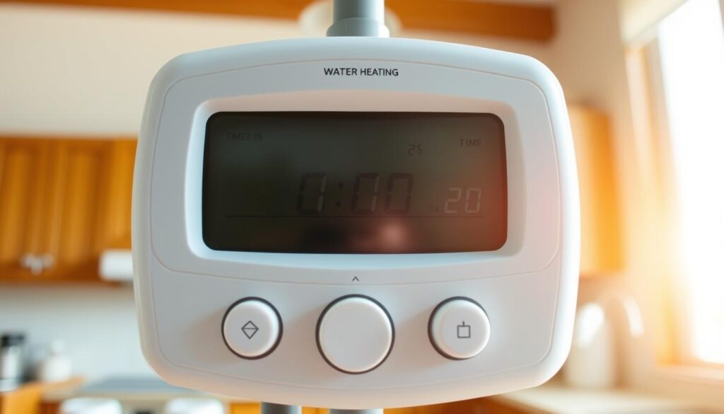 A digital timer display shows a scheduled hot water heating cycle in the middle of a bright, sunny day. The timer interface features a clean, minimalist design with intuitive controls and readouts. The background shows a cozy, well-lit kitchen interior with wooden cabinets and appliances, hinting at the practical application of the timer for energy-efficient hot water management. The lighting is warm and natural, creating a sense of comfort and efficiency. The overall composition conveys the idea of a simple, effective timer strategy that aligns with available energy supply windows to optimize household costs.