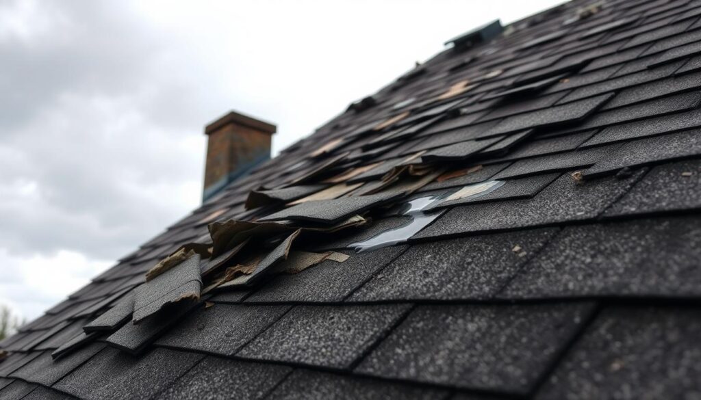 A dilapidated asphalt-shingled roof with visible damage, taken from a low angle to emphasize the scale and impact. The foreground shows curled, cracked, and missing shingles, exposing the underlying roof structure. In the middle ground, water stains and discoloration indicate active leaks, while the background reveals a cloudy, overcast sky, creating a somber, weathered atmosphere. The lighting is natural, with soft shadows and highlights accentuating the textural details of the damaged roof. The composition focuses on the deterioration, conveying a sense of urgency and the need for prompt repair.