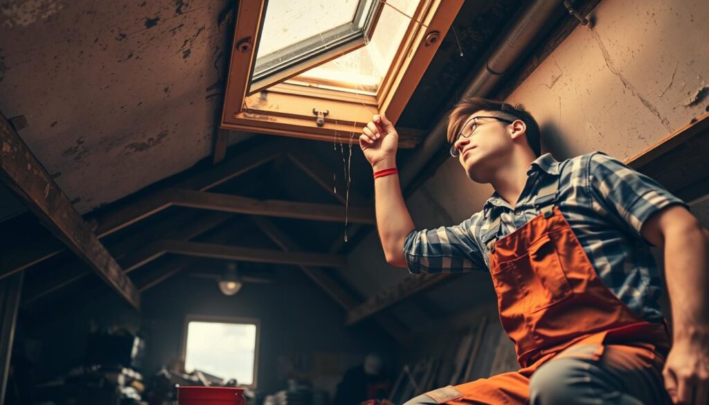A dilapidated skylight casting a warm, golden glow on a frantic plumber working below. The plumber, dressed in overalls and a tool belt, is frantically inspecting the skylight's frame, water dripping down their face as they try to locate the source of the leak. The middle ground is cluttered with tools and buckets, while the background shows a dimly lit, cluttered attic space. The scene conveys a sense of urgency and the need for professional, 24/7 emergency plumbing services to address the skylight issue.