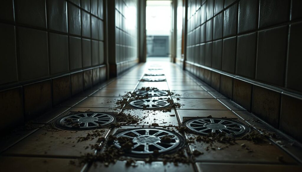 A dimly lit apartment hallway, the focus centered on a cluster of floor drains. The drains are partially obstructed, their grates partially obscured by debris, hinting at the responsibility for maintenance. The surrounding tiles are worn, their grout discolored, suggesting neglect. The lighting casts long shadows, creating a sense of ominous foreboding. In the distance, a doorway leads to a neighboring unit, implying the shared nature of the problem. The overall atmosphere evokes a feeling of frustration and the need for resolution, setting the stage for the article's exploration of "blocked drains strata: who is responsible and when".