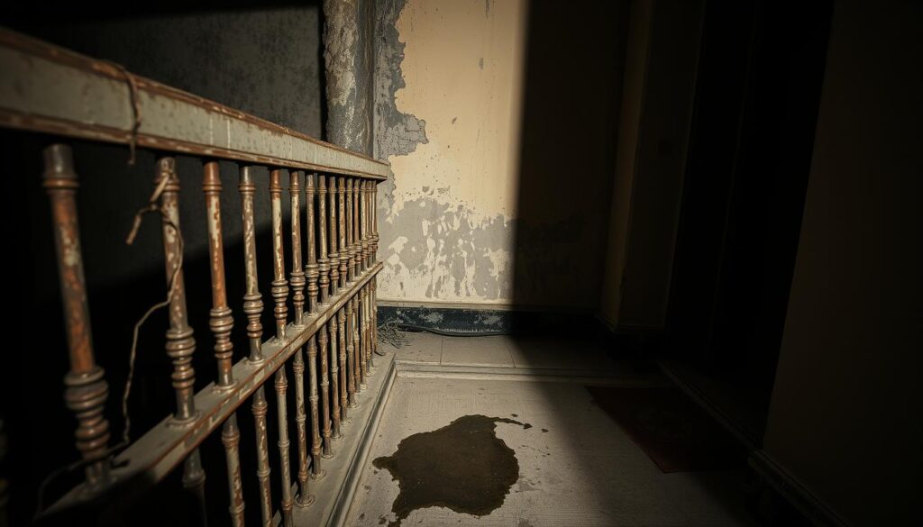 A dimly lit balcony scene showcasing various safety risks. In the foreground, a rusty, cracked railing with missing balusters poses a hazard. The middle ground features a puddle of water on the concrete floor, indicating a potential leak. In the background, weathered and discolored walls suggest deterioration. Shadows cast by the low lighting create an ominous atmosphere, emphasizing the precarious nature of the balcony's condition. The scene is captured with a wide-angle lens, highlighting the overall sense of neglect and potential danger.
