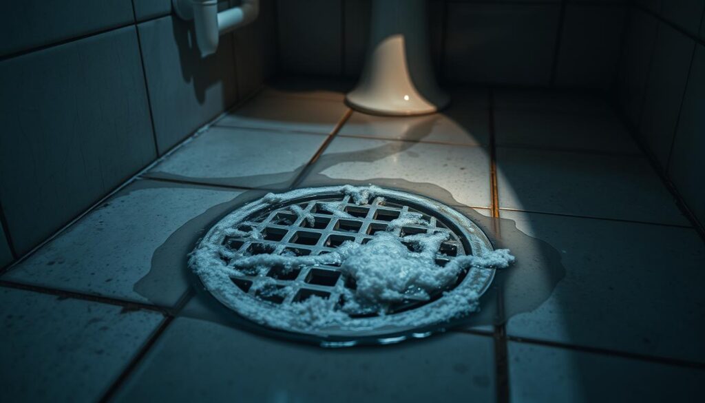 A dimly lit bathroom interior, the focus centered on a clogged floor drain. Water stagnates around the drain cover, revealing a buildup of hair, soap scum, and other debris. The drain's metal grate is partially obscured, hinting at the blockage within. Shadows cast by the pipes and fixtures along the walls create a sense of depth and dimension. The floor tiles are discolored, suggesting long-term neglect. The overall atmosphere is one of frustration and a need for resolution, setting the stage for the article's subject matter.