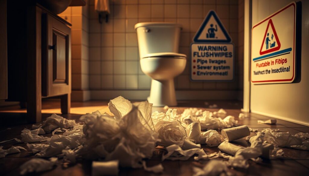 A dimly lit bathroom interior, with a sink, toilet, and a cabinet in the foreground. Scattered on the floor are used flushable wipes, clogging a partially visible drain. The middle ground features a magnified view of the wipe fibers, highlighting their insoluble nature. In the background, a warning sign depicts the risks of flushing wipes, including pipe blockages, sewer system damage, and environmental harm. The lighting is warm and shadows are cast, creating a sense of unease and the potential for costly plumbing issues. The overall composition conveys the myth that "flushable" wipes are safe to dispose of down the toilet.