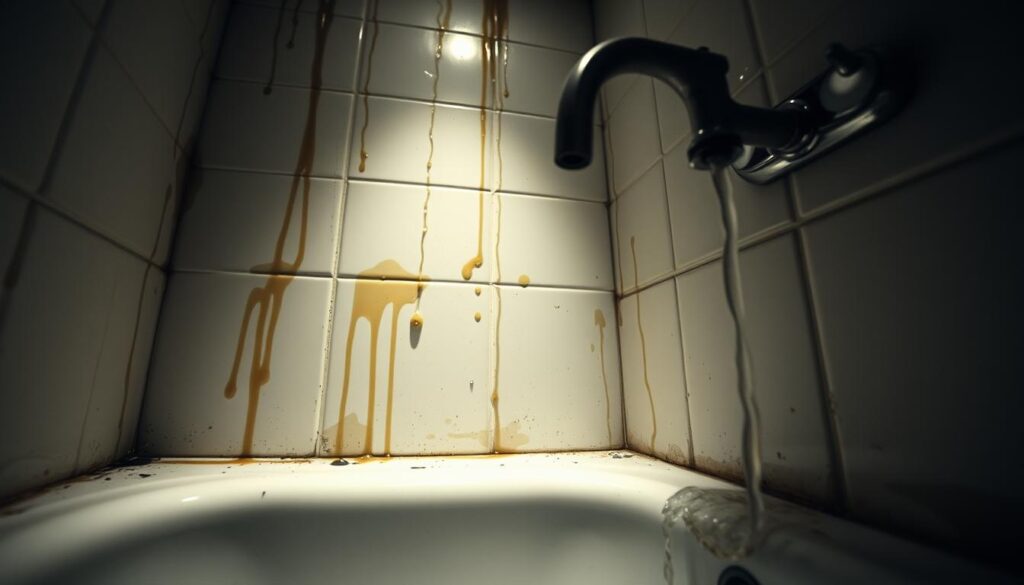 A dimly lit bathroom, water stains creeping up the walls, a leaky faucet dripping relentlessly, and the ominous gurgle of a clogged drain. The scene is rife with the subtle signs of brewing plumbing issues - a cautionary tale waiting to unfold. The lighting is soft and moody, casting shadows that highlight the imperfections, while the camera angle captures the problem from a low perspective, drawing the viewer's attention to the troubling details. The overall atmosphere is one of unease, hinting at the potential for larger, more costly problems lurking just beneath the surface.