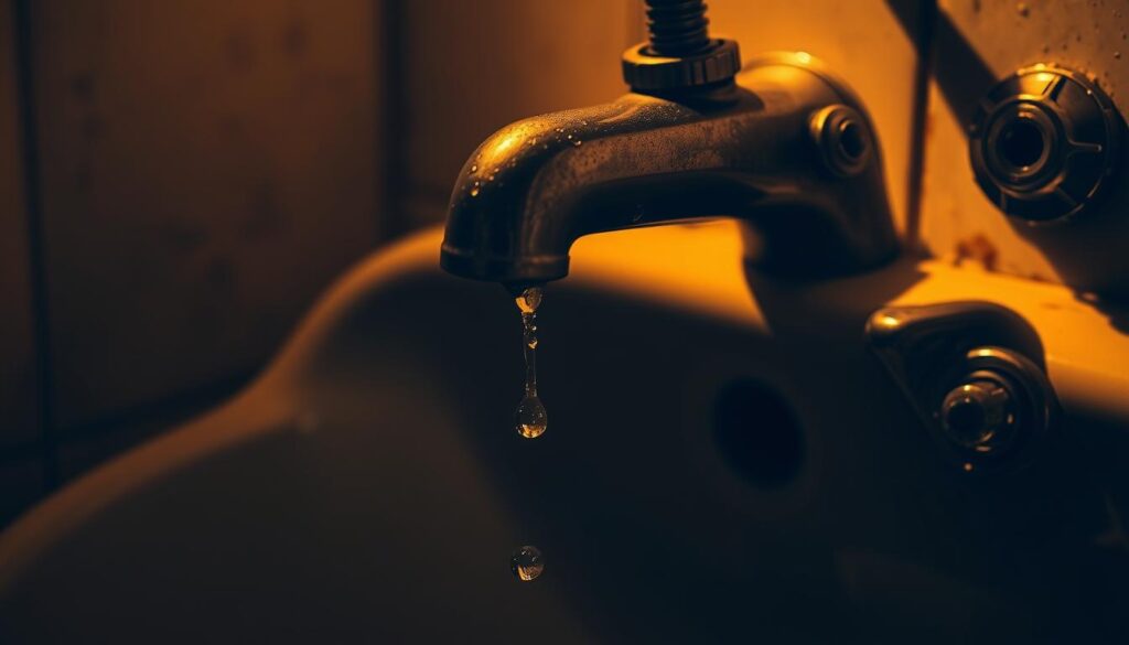 A dimly lit bathroom with a leaky faucet dripping persistently. The focus is on the dripping water, captured in high-resolution with a macro lens. Droplets form and fall against a backdrop of aged, discolored porcelain. The scene is bathed in a warm, amber light, casting soft shadows and adding depth. The composition emphasizes the imperfection, conveying a sense of inconvenience and the need for immediate, sustainable plumbing solutions. The overall mood is one of quiet frustration, prompting the viewer to consider the impact of small household issues and the importance of responsible maintenance.