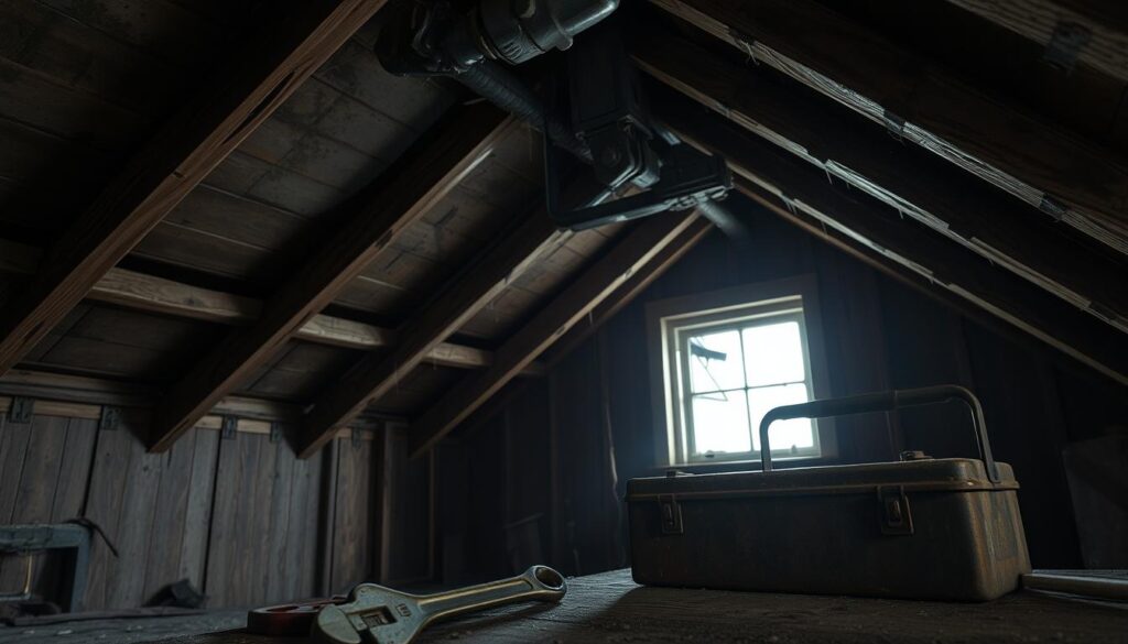 A dimly lit, dilapidated attic with sagging wooden beams and a leaky roof. Water stains and mold creep along the corners, casting an ominous glow. In the foreground, a rusty wrench and a worn toolbox sit on a dusty workbench, hinting at past attempts to fix the problem. The scene conveys a sense of neglect and the urgent need for professional maintenance to prevent further water damage and potential hazards. Captured with a wide-angle lens, the image emphasizes the scale and severity of the issue, underscoring the importance of proper roof drainage and timely interventions.