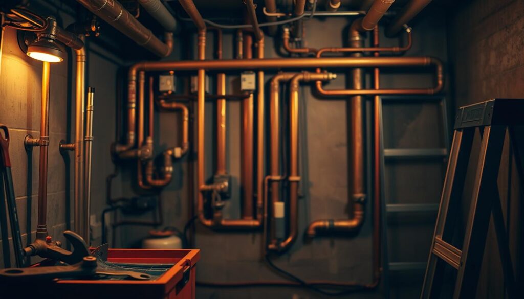A dimly lit interior of a residential home's plumbing system, showcasing an array of copper pipes, valves, and fittings. The foreground features a plumber's wrench, a toolbox, and a ladder, suggesting the ongoing repair or maintenance work. The middle ground reveals the intricate network of pipes snaking through the walls, with occasional glimpses of water meters and shut-off valves. The background subtly hints at the broader home environment, with a faint outline of drywall, electrical wiring, and the occasional insulation material. The lighting is warm and muted, creating a sense of focus and attention to detail, reflecting the skilled and experienced nature of the plumbing services.