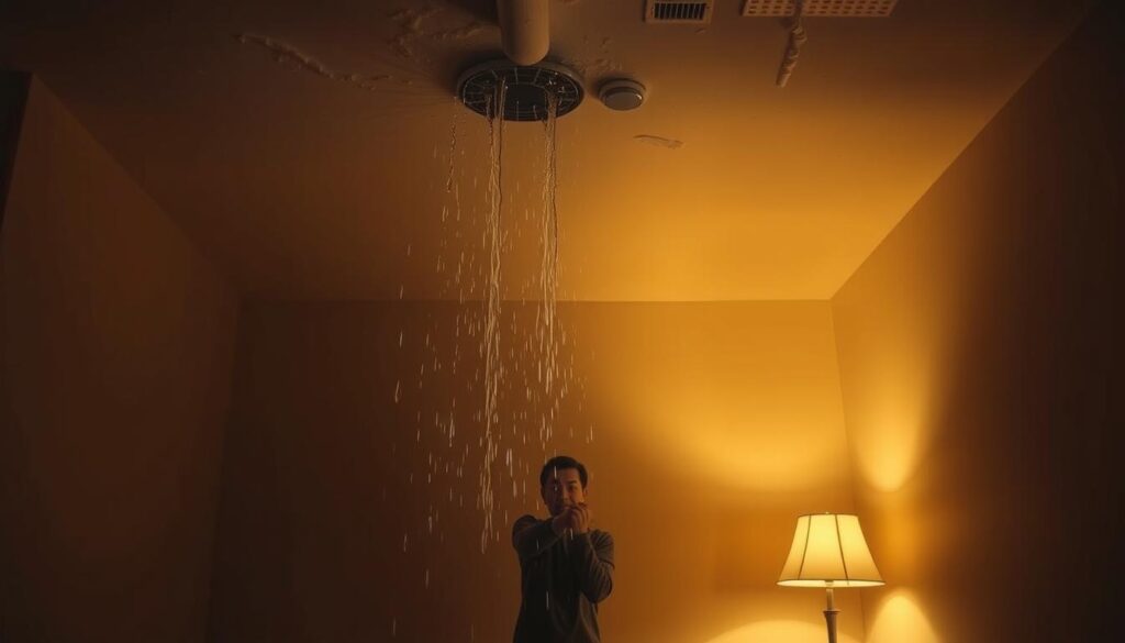 A dimly lit interior space with a leaky ceiling, water dripping from above. A person standing underneath, holding a bucket to catch the falling droplets, a look of concern on their face. The walls and floors are plain, emphasizing the pressing nature of the situation. Warm, soft lighting emanates from a lamp in the corner, casting long shadows. The scene conveys a sense of urgency, the need to protect the space from further water damage before repairs can be made. Realistic, photographic quality.