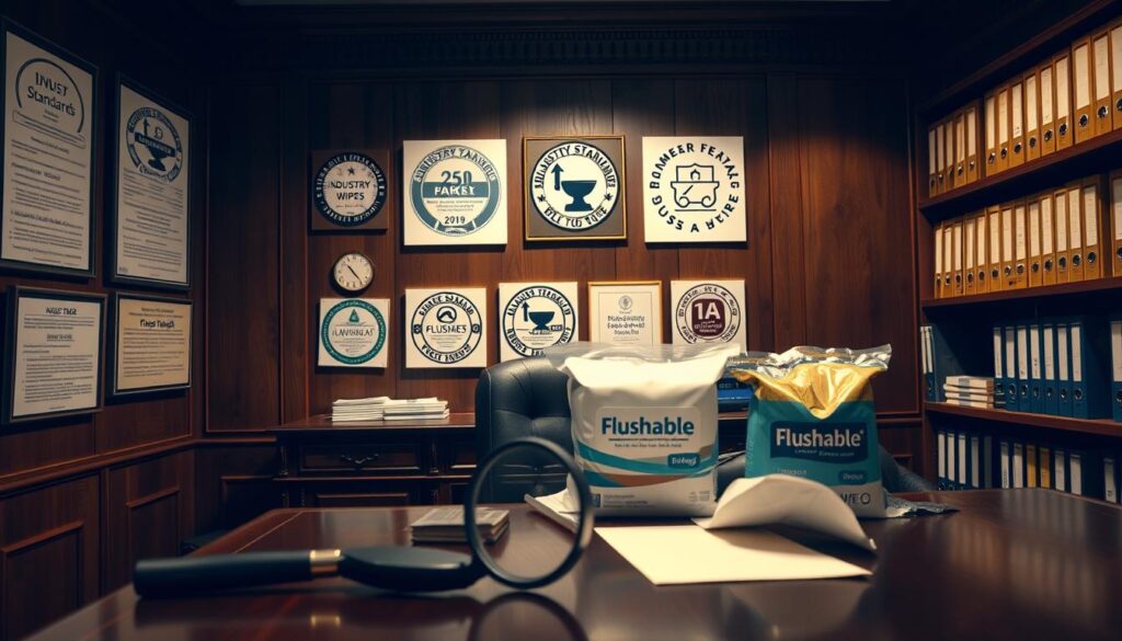 A dimly lit office setting with an imposing oak desk and a wall-mounted display of various industry standards and certification labels. In the foreground, a magnifying glass rests on the desk, hinting at the close examination of these symbols. The middle ground features a selection of flushable wipes packaging, their "flushable" claims prominently displayed. The background casts a sense of authority and bureaucracy, with shelves of binders and reference materials lining the walls. The lighting is warm and focused, creating a contemplative atmosphere as the viewer ponders the true meaning behind these "flushable" labels.