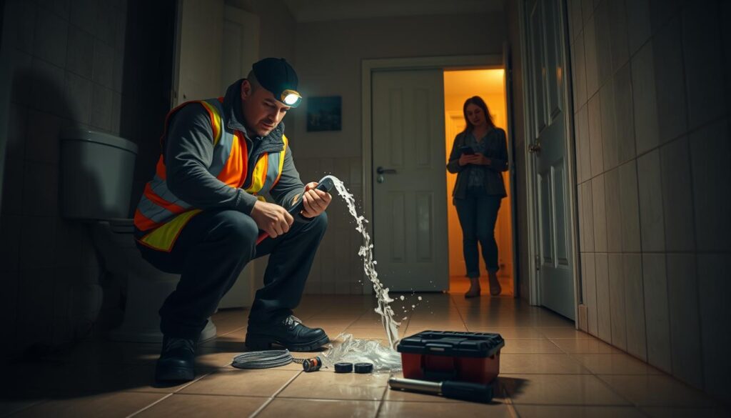 A dimly lit residential bathroom at night, illuminated by the warm glow of an emergency plumber's headlamp. In the foreground, a plumber in a reflective vest and safety gear crouches over a burst pipe, expertly wielding a wrench to stop the gushing water. In the middle ground, a toolbox and spare parts lay scattered on the tiled floor. The background shows a worried homeowner watching intently, phone in hand, as the plumber works swiftly to resolve the crisis. Dramatic shadows and highlights create a sense of urgency, conveying the critical importance of a fast, professional emergency plumbing response.