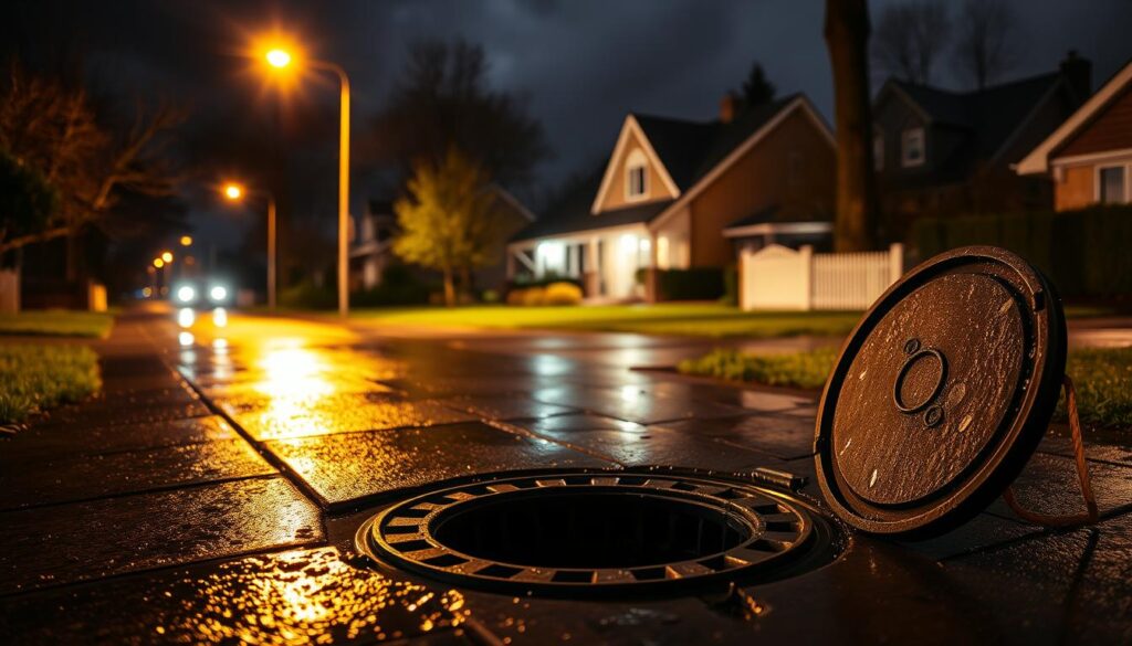A dimly lit residential street at night, the pavement glistening with rainwater. In the foreground, a manhole cover stands ajar, a gaping opening leading into the dark depths of the underground drainage system. Warm amber streetlights cast an inviting glow, hinting at the expertise and emergency services waiting to address the blockage issue. The middle ground features a well-maintained lawn, a small garden, and the facade of a cozy suburban home, conveying a sense of domestic tranquility disrupted by the plumbing emergency. In the background, the silhouettes of trees and neighboring houses create a sense of depth and context, while a moody, overcast sky adds to the atmospheric tension. The overall mood is one of urgency and professionalism, conveying the vital role of on-call emergency plumbers in restoring order and functionality to a homeowner's drainage system.