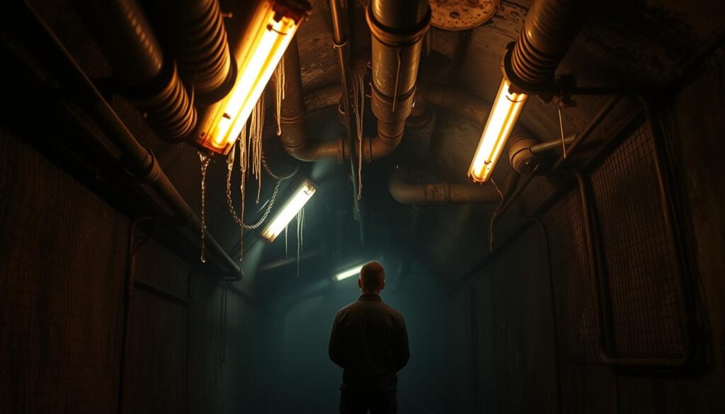 A dimly lit sewer passage, the air thick with the pungent stench of methane and sulfur. Flickering fluorescent lights cast an eerie glow, revealing a grimy, rusted pipe network. Condensation drips from the ceiling, adding to the damp, oppressive atmosphere. The viewer stands at the edge, peering into the noxious, hazy gloom, a sense of unease palpable. The composition emphasizes the claustrophobic, hazardous nature of the scene, conveying the urgency of addressing such a sewage smell emergency before it escalates.