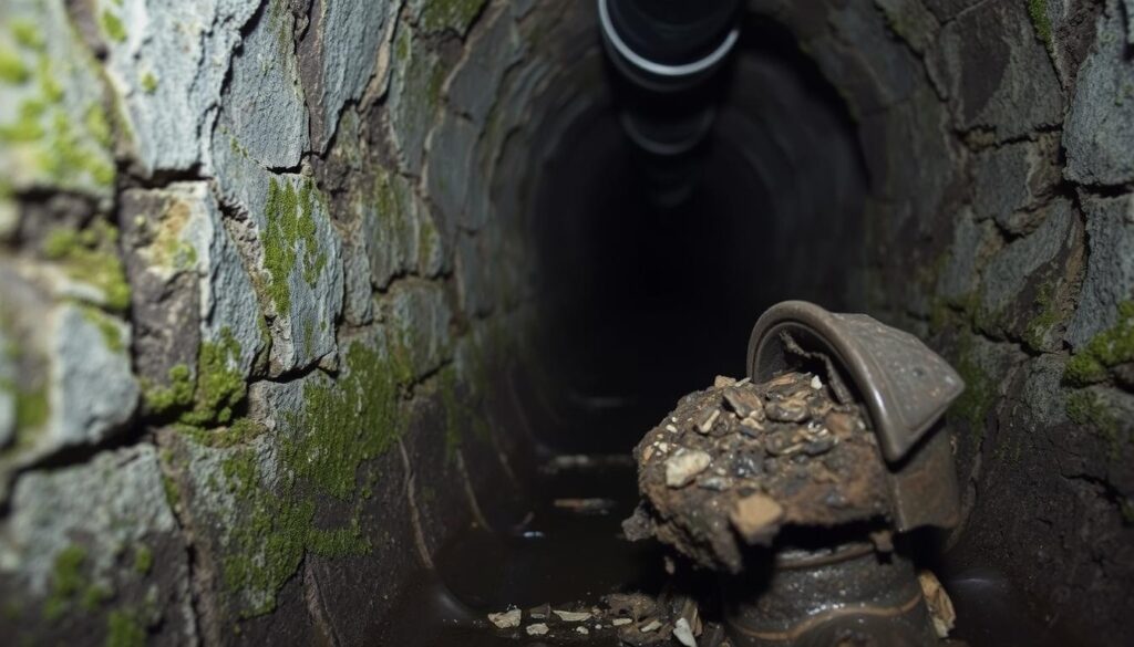A dimly lit underground pipe system, the walls lined with intricate cracks and crumbling mortar. Moss and algae cling to the surfaces, creating a mottled, organic texture. In the foreground, a close-up view of a damaged drain, the camera's lens capturing the subtle details - a jagged fracture, a displaced joint, a collection of debris obstructing the flow. The image conveys a sense of neglect and the need for careful inspection and repair, setting the stage for the article's exploration of common drain defects and their implications.