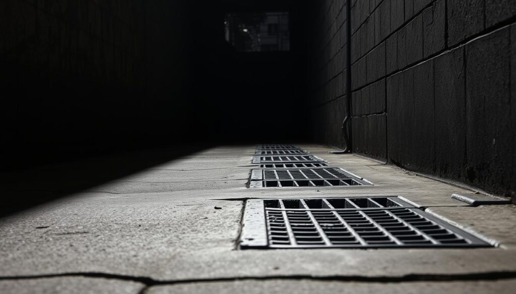 A dimly lit urban alleyway, the focus centered on a series of stormwater drains set into the concrete pavement. The drains are rectangular, with metal grates covering the openings, allowing water to flow through. The lighting is soft and diffused, creating long shadows that add depth and texture to the scene. The surrounding walls are weathered and covered in a subtle pattern of moss and grime, hinting at the passage of time. The overall mood is one of practical functionality, with a touch of industrial grit. The camera angle is slightly elevated, providing a clear view of the drains and their placement within the context of the alleyway.