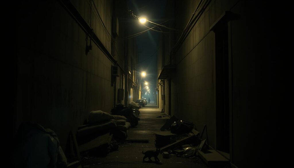 A dimly lit urban alleyway, with the faint glow of streetlamps casting long shadows across the rough concrete walls. The air is thick with the hum of distant machinery, punctuated by the occasional sharp crackle of electrical interference. Piles of discarded debris and the occasional stray cat contribute to the sense of neglect and isolation. The overall atmosphere is one of disquiet and unease, evoking the unsettling nature of after-hours noise and its impact on the surrounding neighborhood.