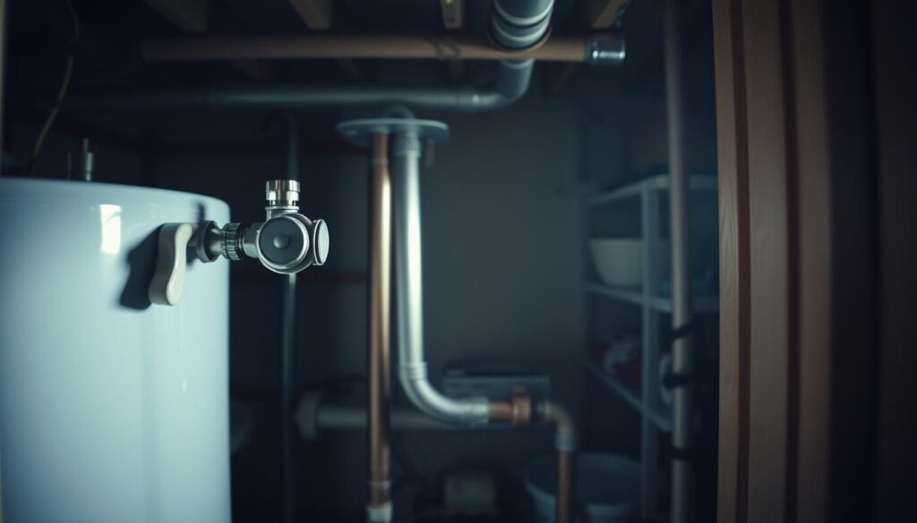 A dimly lit utility closet, the focus on a gas water heater and its associated plumbing. The water heater's valves and controls are prominently displayed, with the main shut-off valve clearly visible. The middle ground features the insulated hot water pipes, their path traced by the viewer's gaze. In the background, shadows and shelves hint at the cluttered nature of the space, emphasizing the importance of the central subject. The scene is captured with a wide-angle lens, creating a sense of depth and context. The lighting is soft and muted, casting gentle shadows that accentuate the lines and textures of the equipment. An atmosphere of practicality and functionality pervades the image, conveying the essential nature of this critical home system.
