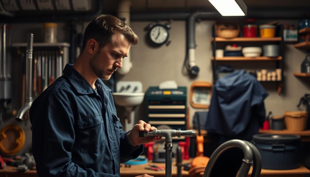 A dimly lit workshop with various plumbing tools and equipment arranged neatly on a workbench. In the foreground, a plumber in a navy blue jumpsuit is intently examining a pipe, his brow furrowed in concentration. The middle ground features a wall-mounted sink and faucet, while the background showcases a toolbox and shelves stocked with replacement parts and fittings. The scene conveys a sense of professionalism and expertise, with soft, warm lighting casting a cozy glow over the space, ready to address any emergency plumbing situation.
