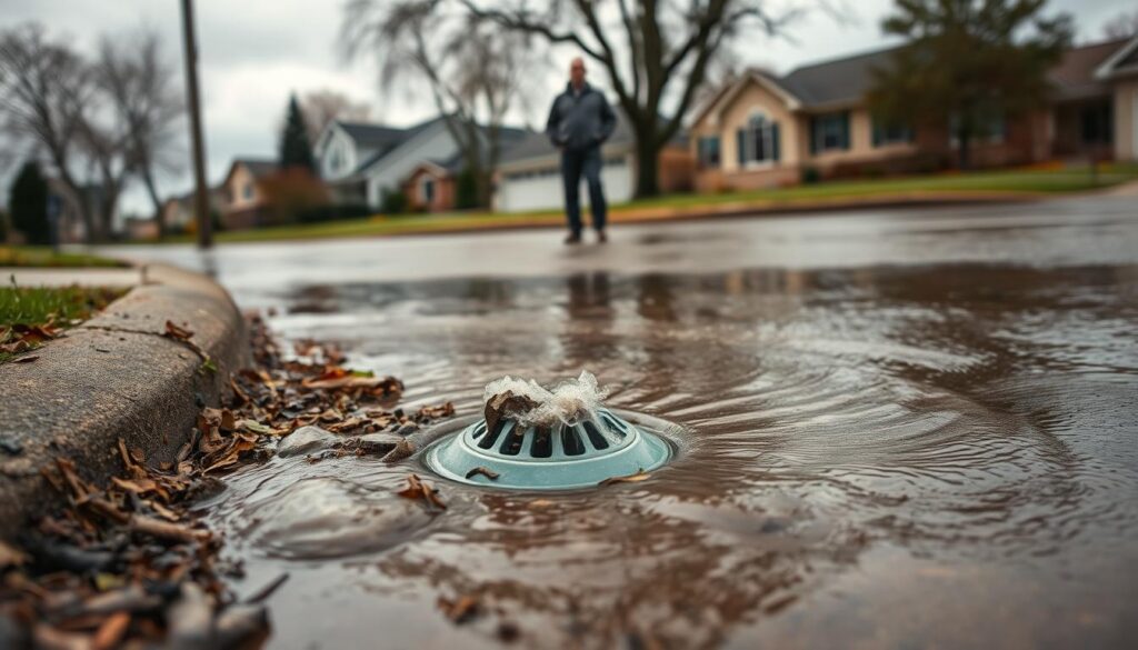 A flooded street with a clogged storm drain in the foreground, water gushing out and pooling around the curb. The drain cover is partially blocked by debris, leaves, and mud. In the middle ground, a worried homeowner stands, examining the issue. The background features a suburban neighborhood with houses, trees, and a gray, overcast sky, conveying a sense of urgency and the need for a quick resolution. The lighting is natural, with soft shadows and highlights, creating a realistic and documentary-style feel. The camera angle is low, placing the viewer at street level, emphasizing the severity of the blockage and the homeowner's concern.