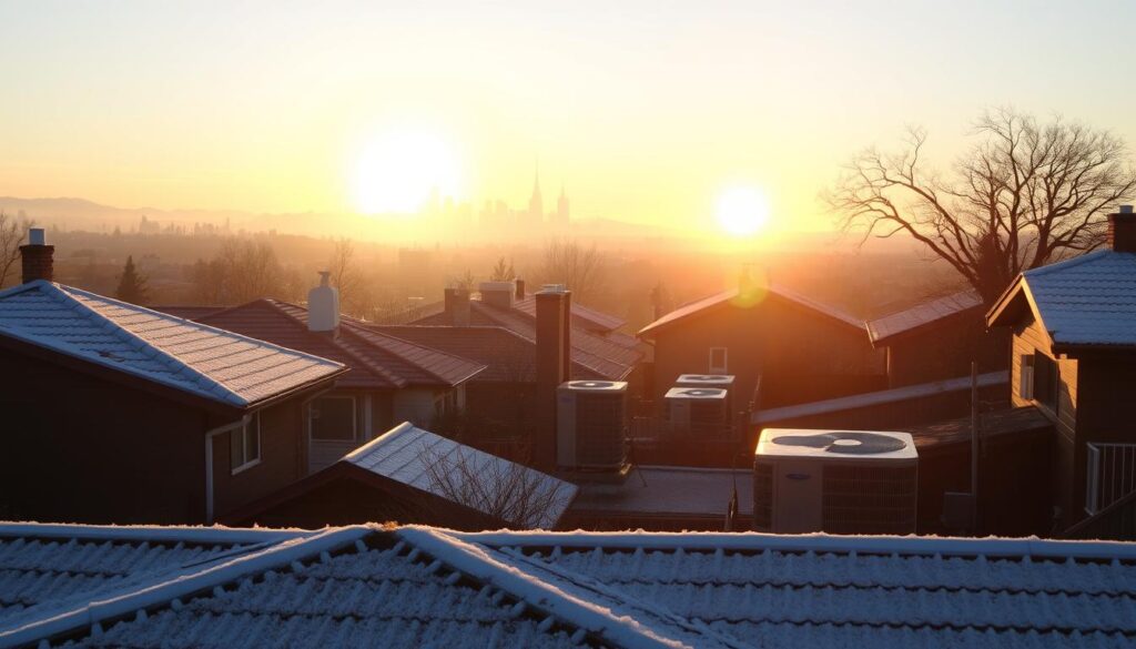 A frosty Melbourne morning, the sun just peeking over the horizon, casting a warm glow on the scene. In the foreground, a row of residential homes, their roofs dusted with a delicate layer of frost. In the middle ground, several heat pumps stand out against the chilly backdrop, their metal casings gleaming as they work tirelessly to keep the homes warm. The background features a hazy, dreamlike cityscape, the distant skyscrapers and landmarks partially obscured by the early morning mist. The atmosphere is one of quiet, serene beauty, a stark contrast to the challenge of maintaining efficient heating in such a cold climate.