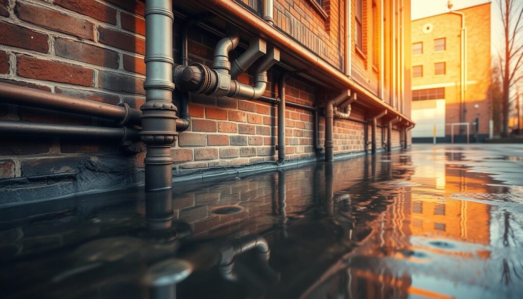 A ground-level view of a building's exterior, showcasing the intricate system of downspouts, gutters, and drainpipes responsible for managing stormwater runoff. The scene is bathed in a warm, golden light, highlighting the weathered textures of the brickwork and the subtle hues of the aging metalwork. In the foreground, a puddle of collected water reflects the surrounding architecture, creating a sense of depth and visual interest. The overall atmosphere conveys the importance of proper building maintenance in managing water flow and drainage, a critical yet often overlooked aspect of property upkeep.