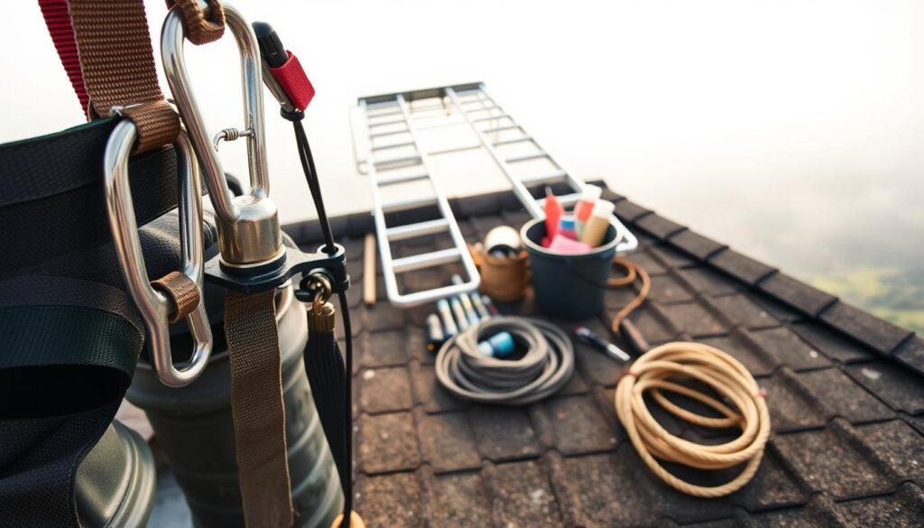 A high-angle view of a well-equipped roof maintenance setup. In the foreground, a sturdy safety harness and carabiner are secured to an anchor point on the roof's edge. In the middle ground, various tools and equipment are neatly organized, including a heavy-duty ladder, a bucket filled with cleaning supplies, and a length of sturdy rope. The background showcases a bright, overcast sky with a subtle haze, creating a sense of natural illumination. The overall scene conveys a strong focus on safety, professionalism, and attention to detail in the context of gutter cleaning and roof maintenance.
