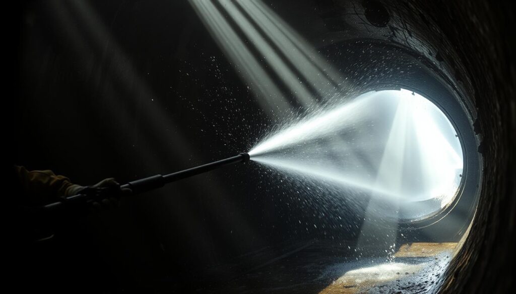 A high-pressure hydro jetting machine operating in a dimly lit sewer, its powerful nozzle blasting away stubborn debris. In the foreground, the operator controls the hose, their protective gear casting shadows across the scene. The sewer walls are rough and weathered, with water gushing and spraying in all directions, creating a sense of urgency and intensity. Beams of light pierce through the murky environment, illuminating the intricate process of clearing the blockage. The overall atmosphere is one of focused, industrial efficiency, reflecting the specialized nature of the hydro jetting technique.