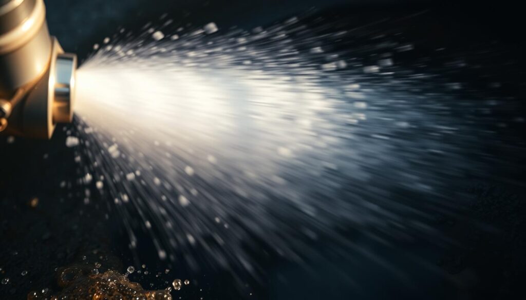 A high-pressure water jet forcefully shoots from a silver metal nozzle, cleansing a dirty drain pipe. The powerful stream of water sprays with impressive velocity, generating splashes and mist against the dark, wet surface. The scene is lit from the side, casting dramatic shadows and highlights that accentuate the dynamic motion. The camera angle is close and low, emphasizing the intense force of the jetting action. The overall mood is one of industrial efficiency and practical problem-solving, showcasing the benefits of this effective drain cleaning technique.