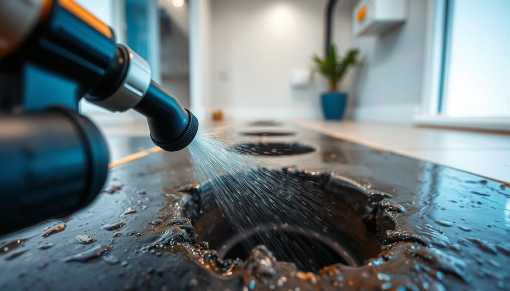 A high-pressure water jet system in action, cleaning a residential drain with precision and efficiency. The foreground depicts the hydro jetting nozzle, a powerful tool wielded by a skilled technician, its high-pressure stream cutting through stubborn blockages. The middle ground shows the targeted drain, the water pressure dislodging debris and restoring flow. In the background, a clean, well-lit workspace suggests the professional setting of an experienced plumbing service, ready to tackle any clogged drain issue. The scene conveys a sense of problem-solving and reliable expertise, reflecting the capabilities of OnCall Emergency Plumbers in Melbourne.