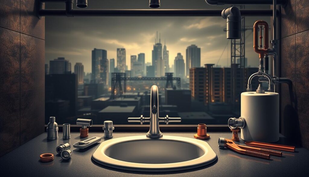 A highly detailed, realistic illustration of key factors that affect emergency plumbing costs in Melbourne. A polished, well-lit scene shows a central plumbing fixture - such as a sink, toilet, or water heater - in the foreground, with a middle ground depicting various plumbing tools and materials like pipes, fittings, and wrenches. The background features a dimly lit, industrial urban landscape with buildings and infrastructure in muted tones. The image conveys a sense of professionalism and technical expertise, with careful attention to lighting, depth of field, and material textures to create a visually compelling and informative depiction of the topic.