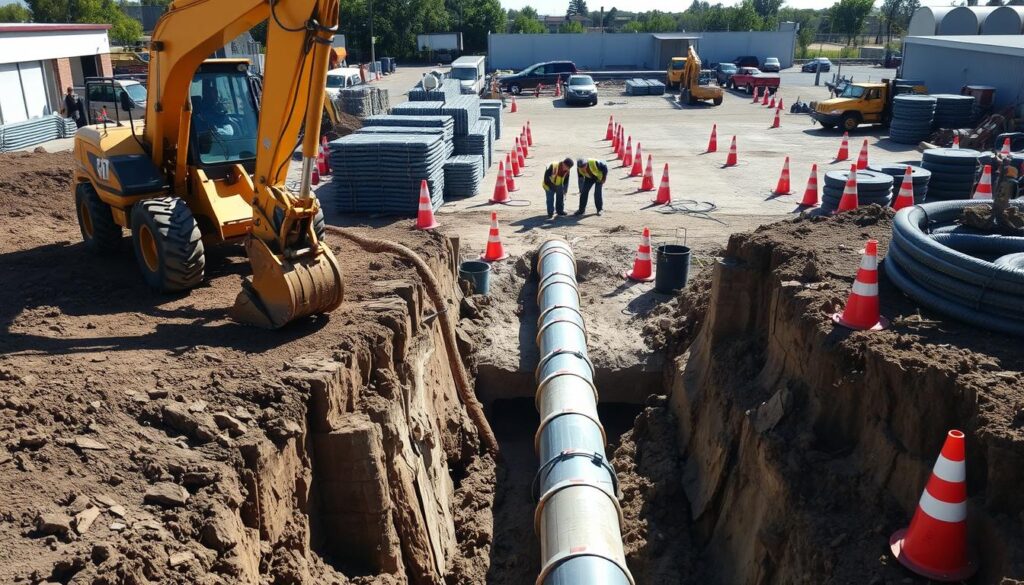 A large construction site with heavy machinery and workers installing a sewer line. In the foreground, a backhoe carefully digs a trench, exposing the existing pipe. In the middle ground, a team of workers carefully lays down protective root barriers along the trench edges. The background features a neatly organized construction yard with piles of piping materials, safety cones, and construction vehicles. Bright sunlight illuminates the scene, creating a sense of activity and progress. The overall atmosphere is one of precision, teamwork, and infrastructure development.