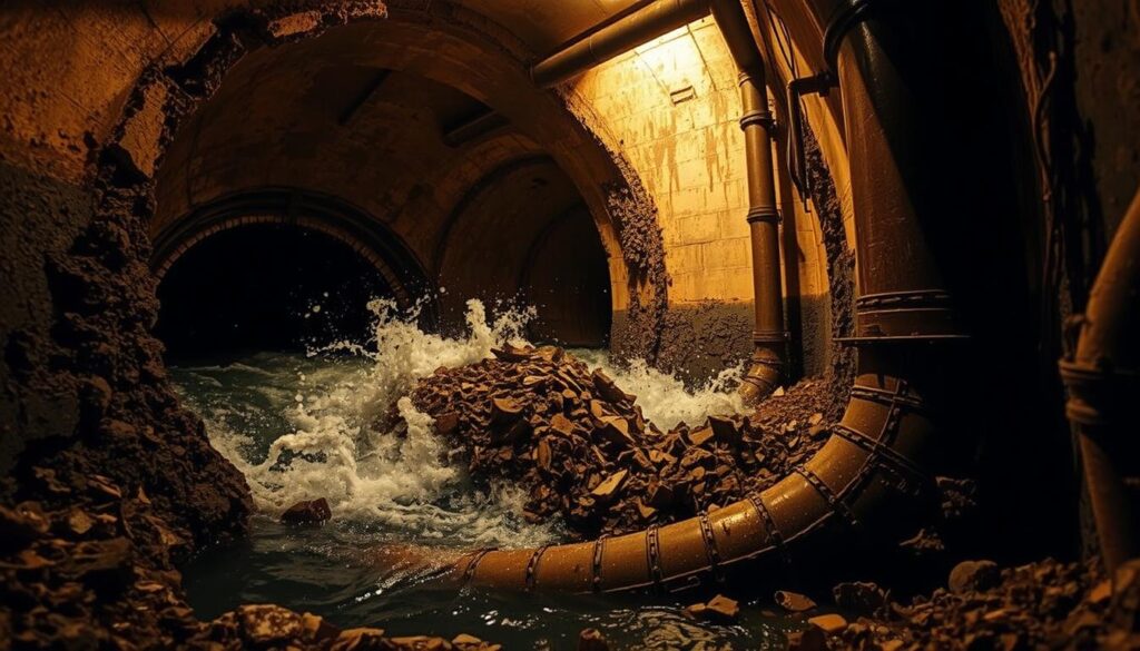 A large, intricate sewer system surrounded by crumbling concrete walls, with water rushing through the pipes and debris blocking the flow. The scene is lit by a warm, yellow-toned lighting, casting long shadows and creating a sense of depth and drama. The camera angle is low, emphasizing the scale and complexity of the underground infrastructure. The overall mood is one of urgency and the need for professional intervention, reflecting the importance of reliable emergency plumbing services to address major sewer blockages in Melbourne.