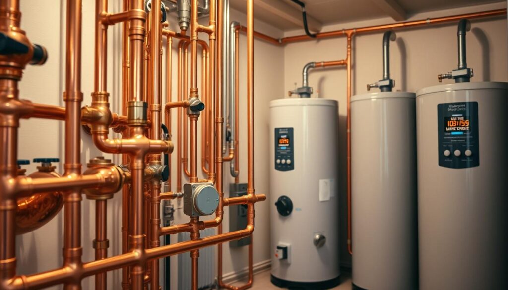 A large, modern hot water recirculation system installed in a cozy, well-lit utility room. In the foreground, a network of copper pipes and valves, gleaming with a polished finish. The middle ground features the central circulation pump, its motor humming softly. In the background, the water heater tanks are neatly arranged, their control panels illuminated. Soft, warm lighting casts a comforting glow throughout the space, highlighting the efficient, well-designed system. The overall atmosphere conveys a sense of reliable, hassle-free hot water delivery, ready to meet the demands of a busy household.