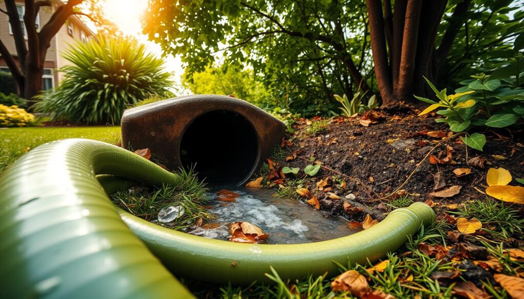 A lush, verdant garden setting, with a coiled garden hose lying in the foreground, directing stormwater into a partially obscured drain opening. The hose is made of sturdy rubber, its surface glistening with fresh rainwater. The drain aperture is partly obstructed by fallen leaves and twigs, hinting at the potential for blockages. Warm, diffused sunlight filters through the canopy of overhanging trees, casting a soft, natural glow across the scene. The overall atmosphere conveys a sense of peaceful tranquility, belying the importance of the stormwater management system. A wide-angle, low-angle perspective captures the interplay between the human-made and natural elements, emphasizing the integration of the garden hose and drain within the larger landscape.