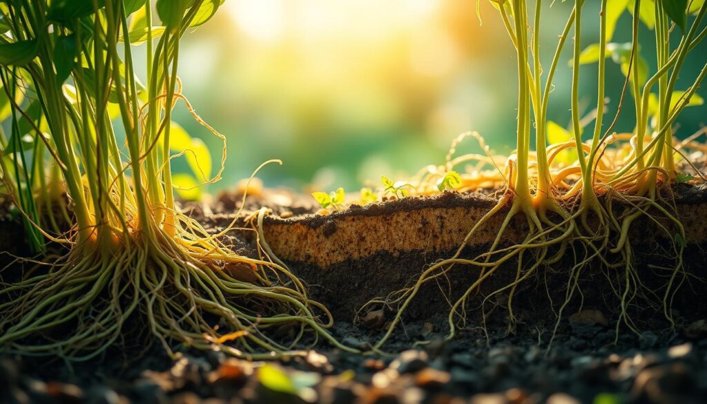 A lush, verdant scene showcasing the spring surge of root growth. In the foreground, intricate, fibrous roots emerge from the soil, intertwining and expanding with vibrant energy. The middle ground reveals a cross-section of the earth, exposing the network of subterranean pathways as they spread and branch out. Backlighting casts a warm, golden glow, highlighting the delicate structures and the moisture within the soil. The background blends soft, hazy greens and browns, creating a sense of depth and the surrounding natural environment. A captivating, naturalistic image that conveys the dynamic and vital nature of spring root growth.