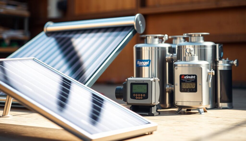 A meticulously arranged composition showcasing an array of high-quality solar hot water system components. In the foreground, a gleaming solar thermal panel with a sleek, minimalist design sits atop a sturdy metal frame. In the middle ground, a robust circulating pump and a compact digital controller, both adorned with prominent brand logos, convey reliability and performance. The background features a selection of premium booster accessories, their polished surfaces reflecting the warm, natural lighting that illuminates the scene. The overall atmosphere exudes a sense of precision, durability, and a commitment to delivering affordable, well-engineered solutions for sustainable home energy needs.