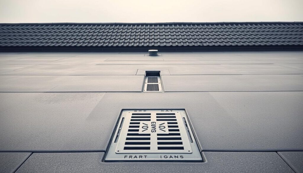 A meticulously detailed flat roof with a comprehensive drainage system, showcased under a soft, even lighting that accentuates the architectural elements. The foreground features a central drainage sump with a recessed grate, surrounded by precisely aligned roofing tiles that slope gently towards the sump. In the middle ground, a series of discreet drainage outlets are positioned strategically, ensuring efficient water removal. The background reveals the expansive, uninterrupted expanse of the flat roof, emphasizing the importance of a well-designed drainage network for optimal performance and longevity.