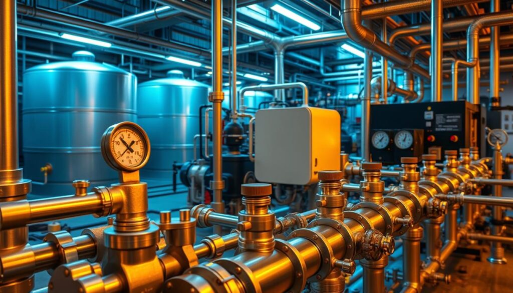 A meticulously engineered industrial water system, its intricate pipes and valves bathed in warm, ambient lighting. The foreground showcases a complex network of stainless steel conduits, their surfaces gleaming with a polished sheen. In the middle ground, a series of industrial-grade pressure gauges and flow meters provide real-time data on the system's performance. The background reveals a sprawling array of water tanks, filtration units, and backup generators, all working in harmony to ensure the uninterrupted supply of clean, reliable water. The overall scene conveys a sense of technical precision, robustness, and unwavering reliability - a testament to the power of preventative maintenance and rapid recovery solutions for industrial water systems.