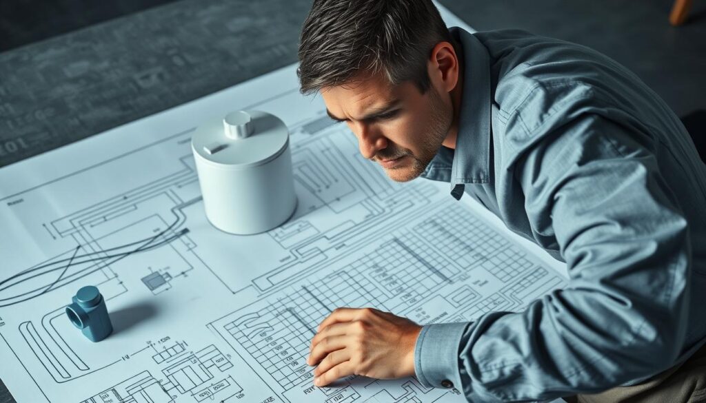 A meticulously planned rainwater tank system, its blueprints sprawled across a drafting table. A professional engineer, brow furrowed in concentration, studies the schematics, considering regulations, optimal placement, and precise sizing. Soft, directional lighting illuminates the scene, casting dramatic shadows that convey the gravity of the task at hand. The background is a muted palette of grays and blues, allowing the technical drawings to take center stage. Every detail is carefully considered, from pipe diameters to roof runoff calculations, as the engineer strives to create a seamless, efficient rainwater harvesting solution.