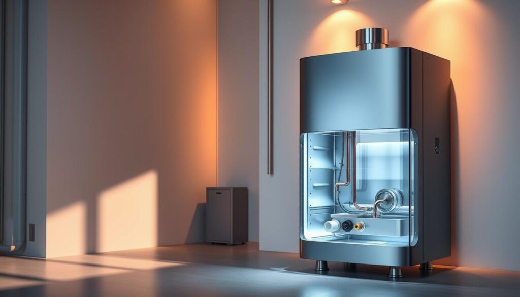 A modern, energy-efficient hot water system prominently displayed, with a sleek, metallic exterior in shades of silver and gray. The system is illuminated by warm, indirect lighting that casts soft shadows, creating a sense of depth and dimensionality. The foreground features the system's control panel and input/output ports, showcasing its advanced technology. In the middle ground, the system's internal components are visible, with a cutaway view revealing the intricate engineering. The background depicts a minimalist, industrial-inspired environment, with clean lines and a neutral color palette to emphasize the hot water system's functional design.