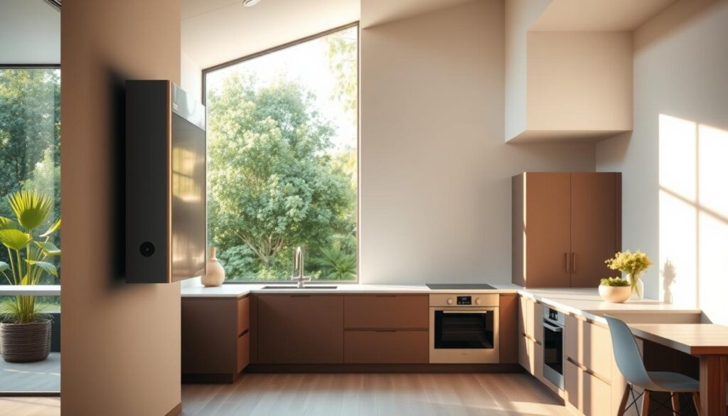 A modern, energy-efficient hot water system taking center stage in a well-lit, spacious home interior. The system, with its sleek stainless steel casing, is prominently displayed against a neutral-toned wall, casting soft, warm reflections on the surrounding surfaces. The middle ground features clean, minimalist cabinetry and appliances, while the background showcases large windows overlooking a lush, verdant garden, bathed in natural light. The overall mood is one of sophistication, functionality, and environmental consciousness, tailored to the needs of a contemporary Melbourne household.