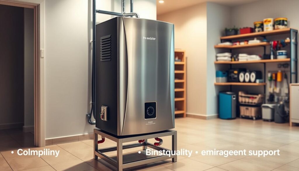 A modern, energy-efficient hot water unit standing in a well-lit, residential setting. The unit is situated on a sturdy metal frame, its sleek, stainless steel exterior gleaming under soft, diffused lighting. The background features a neatly organized utility room, with clean, tiled floors and shelves displaying plumbing supplies, conveying a sense of professionalism and attention to detail. The overall atmosphere is one of reliability, safety, and high-quality workmanship, reflecting the section's focus on compliant installation, quality materials, and 24/7 emergency support.