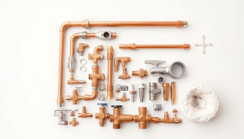 A neatly arranged collection of product parts for solar hot water systems, including copper pipes, valves, fittings, and insulation materials, captured in a clean, well-lit studio setting. The parts are displayed on a neutral background, with a sense of order and precision to convey the technical expertise of the plumbing professionals. The lighting is soft and diffused, highlighting the metallic surfaces and the intricate details of the components. The camera angle is slightly elevated, providing a comprehensive view of the parts and their arrangement, as if showcasing the reliable, product-grade repairs and specifications offered by the emergency plumbing service.